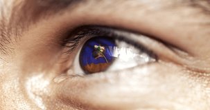 man brown eye in close up with the flag of Vermont state in iris, united states of america with wind motion. video concept