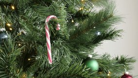 Red and white candy cane and baubles on Christmas tree 4K video