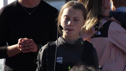 Greta Thunberg Speaks About Climate Changes, Portugal. LISBON, PORTUGAL - 03 DECEMBER 2019; Greta Thunberg gives a strong speech when arriving in the city of Lisbon, Portugal