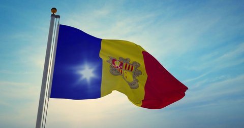 Andorran flag waving is national banner or emblem of principality of Andorra. National democratic ensign for politics and patriotism - 4k