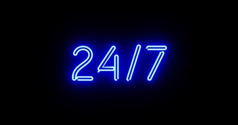 neon sign 24 7 shows business open and help available. Anytime commercial helpdesk advertisement means support any hour - 4k