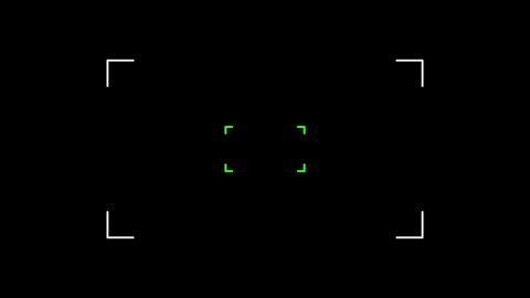 Animation of camera viewfinder with white square frame and flash light on black background