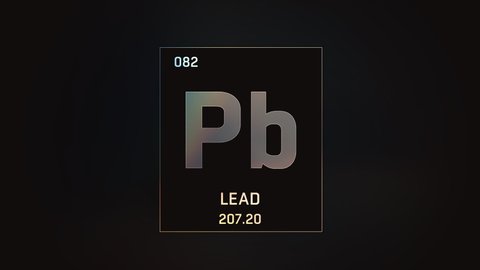 Lead as Element 82 of the Periodic Table. Seamlessly looping 3D animation on grey illuminated atom design background with orbiting electrons. Design shows name, atomic weight and element number