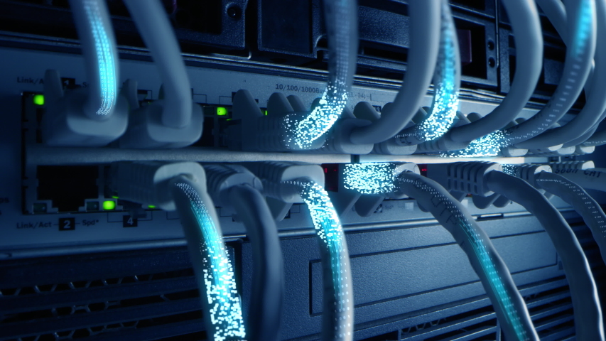 Ethernet Cables Connected to Modem with Digital Binary Code Streaming Information and Data. Concept: Digitalization and Visualization of Telecommunications. Macro Shot, Blue Special Effects Royalty-Free Stock Footage #1042328764