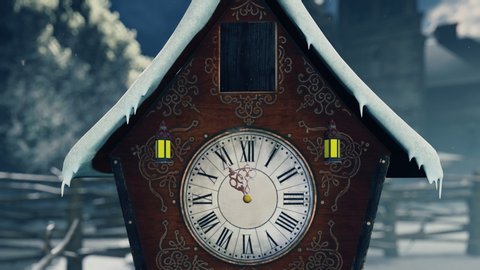 A Christmas Snowman stands next to an old clock. Christmas and new year 3D rendering.