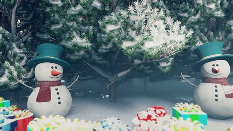 Christmas snowmen in a snowy enchanted forest. Christmas and New year 3D rendering.