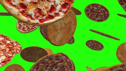 Rain of 3d fresh italian classic original pizzas falling on green screen. American pizza with pepperoni, mozzarella and tomato sauce on chroma key background. Close up view.Fast food concept,animation