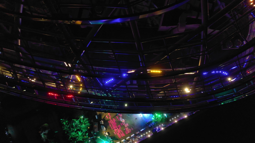 night illuminated sanya famous hotel resort yoga session buildings aerial topdown panorama 4k hainan china