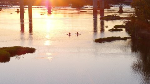 People Kayaking in James River, Richmond Virginia at Sunset, Aerial Drone