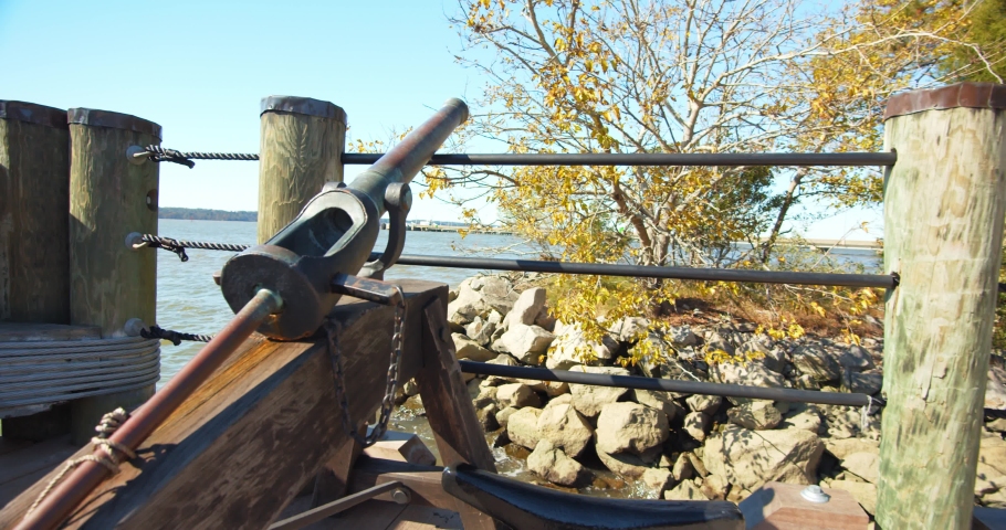Old Cannon on Wooden Deck in Shipyard, Historic Jamestown
