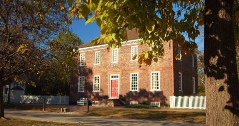Williamsburg, Virginia / USA - November 17, 2019: Colonial Williamsburg Buildings & Homes, Establishing 4K Exterior Shot