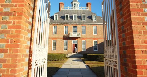 Williamsburg, Virginia / USA - November 17, 2019: Gate to Colonial Williamsburg Governor's Palace, Establishing 4K Shot