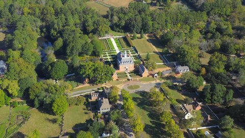 Williamsburg, Virginia / USA - November 17, 2019: Colonial Williamsburg Virginia, 4K Establishing Aerial Drone