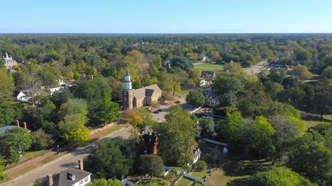 Williamsburg, Virginia / USA - November 17, 2019: Aerial Drone Shot of Colonial Williamsburg Virginia, 4K Establishing