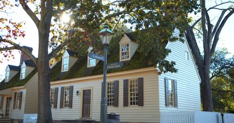 Williamsburg, Virginia / USA - November 17, 2019: Historical Colonial Williamsburg House, Establishing 4K Exterior Shot