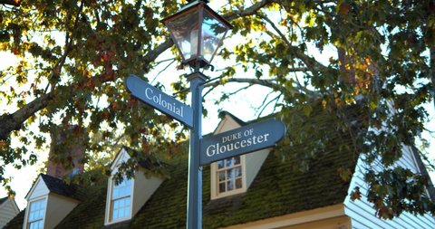 Williamsburg, Virginia / USA - November 17, 2019: Corner of Colonial & Gloucester, Historical Williamsburg Streets & Homes