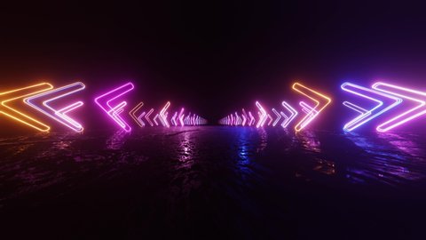 Neon Arrows move in space. Abstract fluorescent background. Hyperspace. Neon background. 4K loop animation.
