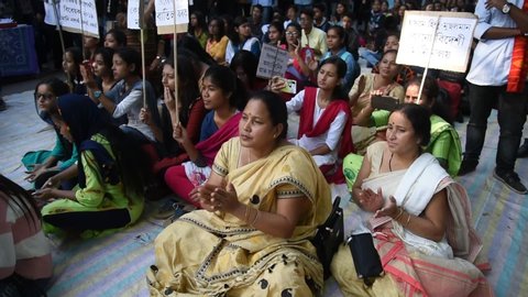Guwahati, Assam, India. 6 December 2019.Students along with many social scientists and artists of Assam during a protest against the Citizenship Amendment Bill as the bill cleared by the Union cabinet