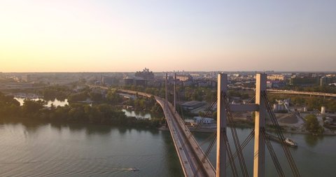 Aerial view of new railway bridge in Belgrade during sunset
