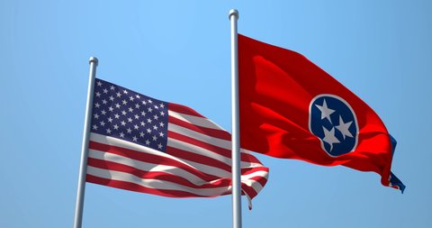 Tennessee flag and the USA on a flagpole realistic wave on wind not synchronously, solid background. State of Tennessee in The United States of America. Nashville.