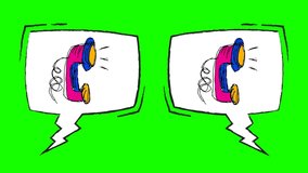 telephone cartoon rang in the speech bubble. editable green screen or chroma key. used for visualization of imagination, chat, zoom in, funny videos