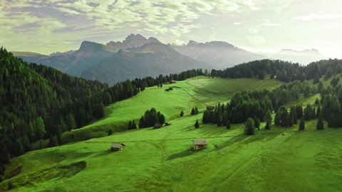 Alpe di Siusi at sunris in Dolomites, view from above