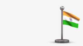 India 3D waving flag animation on a tiny metal flagpole. Isolated on white background with space on the left side. Seamless looping.