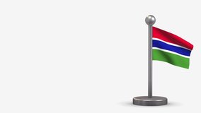 Gambia 3D waving flag animation on a tiny metal flagpole. Isolated on white background with space on the left side. Seamless looping.