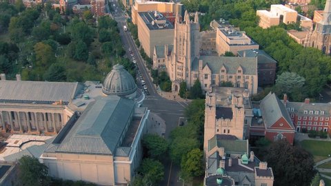 Aerial: Establishing shot of Yale University campus. New Haven, Connecticut, US. 26 August 2019 
