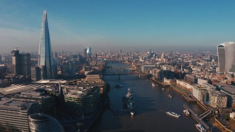 South London Aerial City View around Waterloo, Tower Bridge, Greenwich and Canary Wharf Skyline 4K Ultra HD