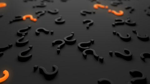 Punctuation marks as a background. Contrasting symbols highlighted in orange. On a dark background question mark, exclamation mark, e-mail, hashtag. The animation is looped.