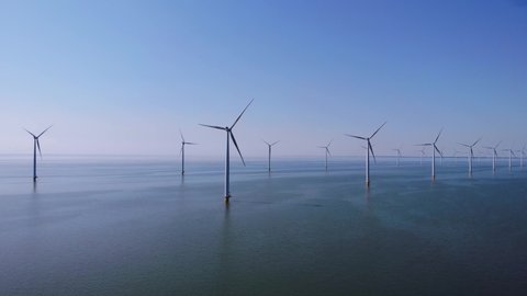 Wind turbine from aerial view, Drone view at windpark westermeerdijk a windmill farm in the lake IJsselmeer the biggest in the Netherlands,