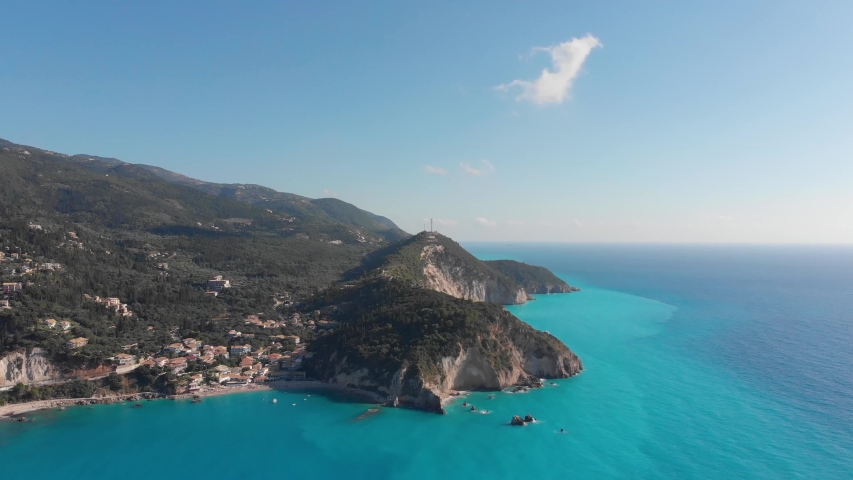 Aerial of Agios Nikitas on beautiful Greek blue water island Lefkada, Lefkas, Ionian sea