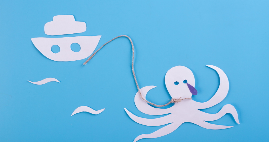 Sea is overfished concept. Caught sea animals. Cartoon styled