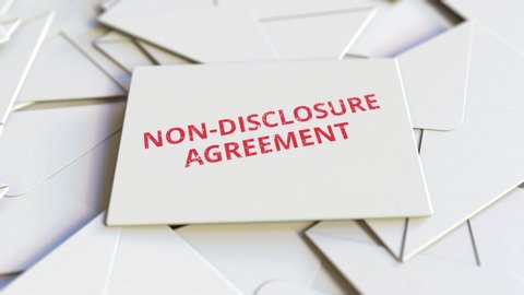 Envelope with NDA or non-disclosure agreement on top of many other envelopes. Conceptual 3D animation