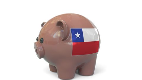 Putting money into piggy bank with flag of Chile. Tax system system or savings related conceptual 3D animation