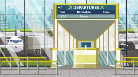 Airport departure board with Miami caption. Travel in the United States related loopable cartoon animation