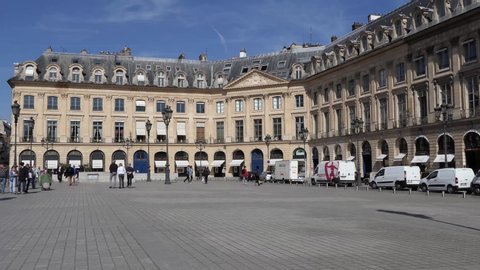 PARIS, FRANCE - JUNE 8, 2018: View Paris Place Vendome (1702). Place Vendome serves today for prestigious establishments: Exclusive shops, boutique, residences and luxury hotels