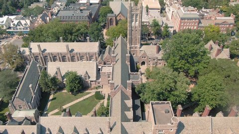 Aerial: Establishing shot of Princeton University campus. Princeton, New Jersey, USA. 25 August 2019 