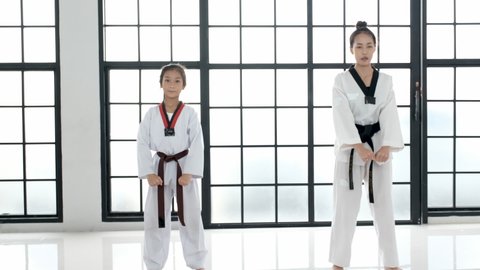 Young teacher of taekwondo and her student is acting of basic posture with white background and pattern. The text on belt and student mean taekwondo.