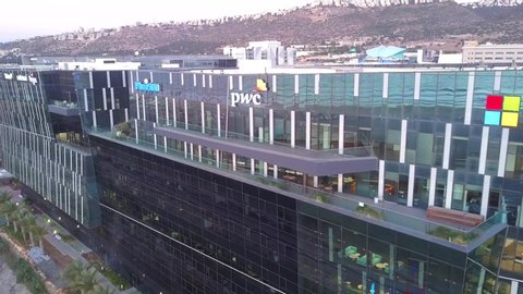 Haifa, Israel - December 1, 2019: Drone shot of a Microsoft  and Plus 500 building in Haifa high tech zone. M.A.T.A.M high tech campus.