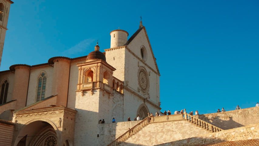 Close-up view of the Upper Basilica of Saint Francis of Assisi in the Hill of Paradise, Umbria, Italy, a UNESCO Heritage Site