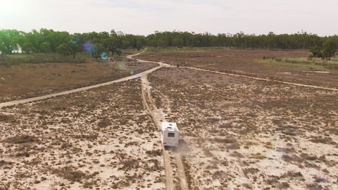 Various aerial shots of a motorhome exploring the Murray River Basin. Roadtrip tourism.
