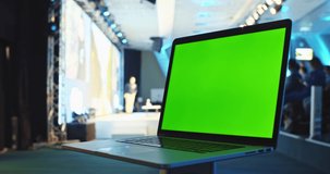 Green screen laptop monitor with lecture audience on background. Freelance education. Business people lifestyle. Chromakey mock-up. Social media network. IT company seminar event. Web designer.