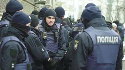 KYIV, UKRAINE - MARCH 25, 2017. Police squad on a city street. Kyiv. Ukraine.