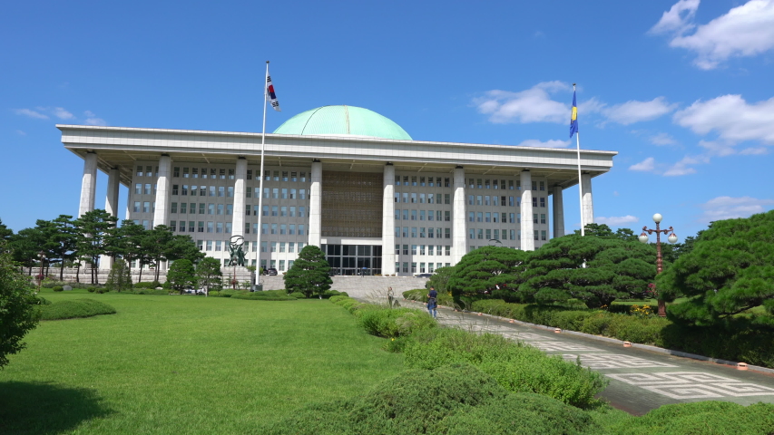 The National Assembly of the Republic of Korea facade view on Yeouido island Seoul South Korea