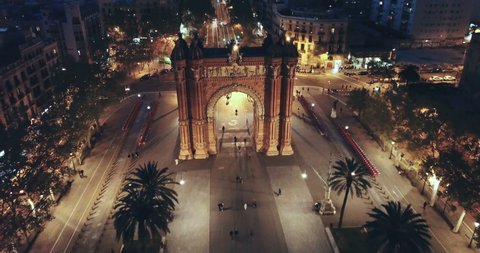 Aerial view of iconic landmark of Barcelona - Triumphal Arch (Arco de Triunfo) on central avenue at twilight, Spain