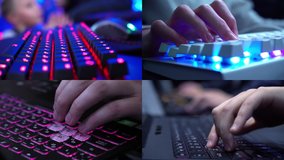 Professional esport gamers compete. Gamer playing a video game with keyboard. World Championship Cyber gaming. RGB neon light. Rivalry of a group of experienced players. Winner team, competitive. 
