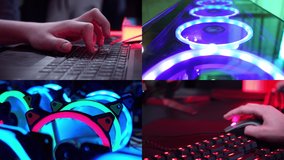 Gamer playing a video game with keyboard. World Championship Cyber gaming. RGB neon light. Rivalry of a group of experienced players. Winner team, competitive. Professional esport gamers compete.