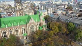 Aerial video of Saint Olga and Elizaveta Church in central part of old city of Lviv, Ukraine